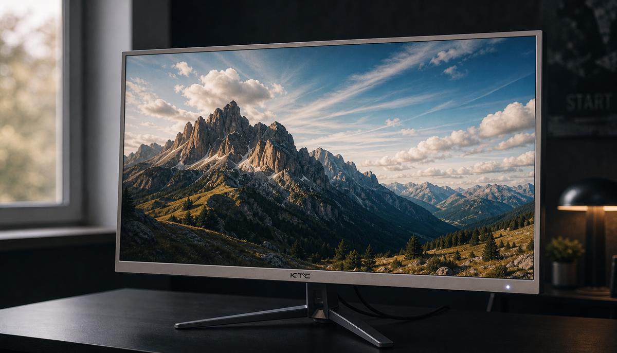 KTC gaming monitor displaying a bright landscape scene with visible cloud texture and highlight detail, used to test for highlight clipping