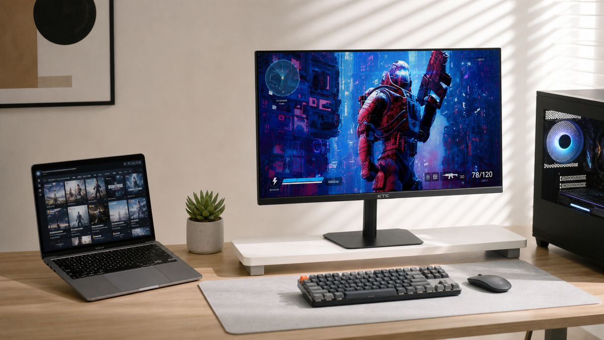 KTC gaming monitor on a hybrid desk setup alongside a laptop, showing a practical multi-device workspace for gaming and productivity