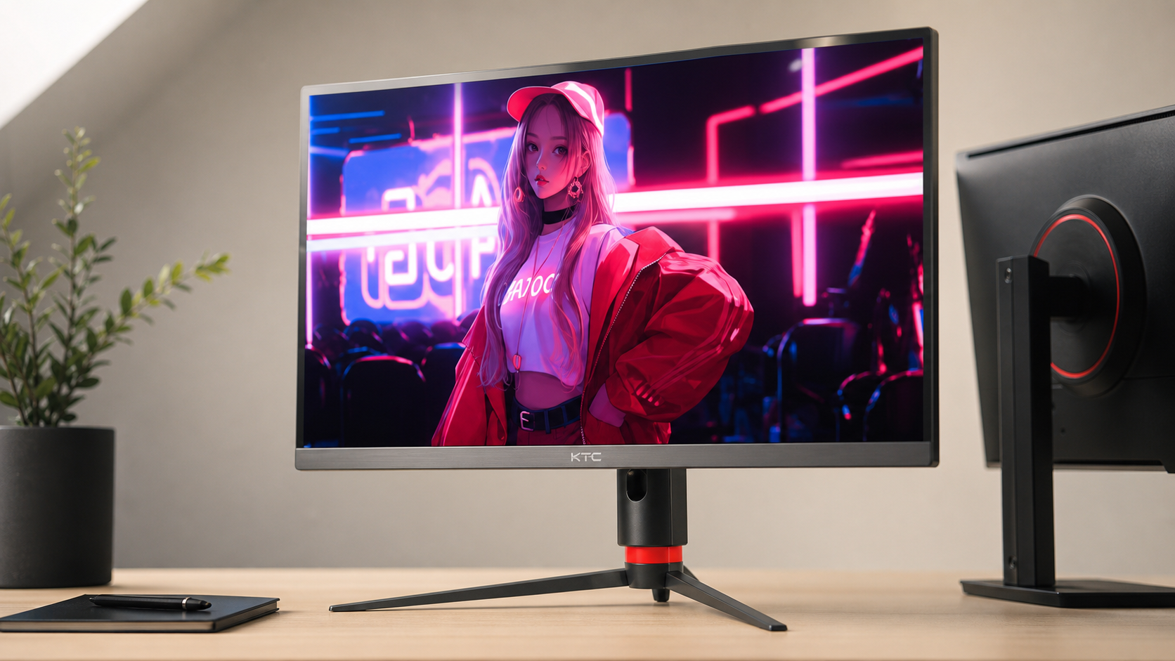 KTC monitor with fully laminated panel displaying a vivid high-contrast image on a clean desk, showing how lamination brings the image close to the glass surface