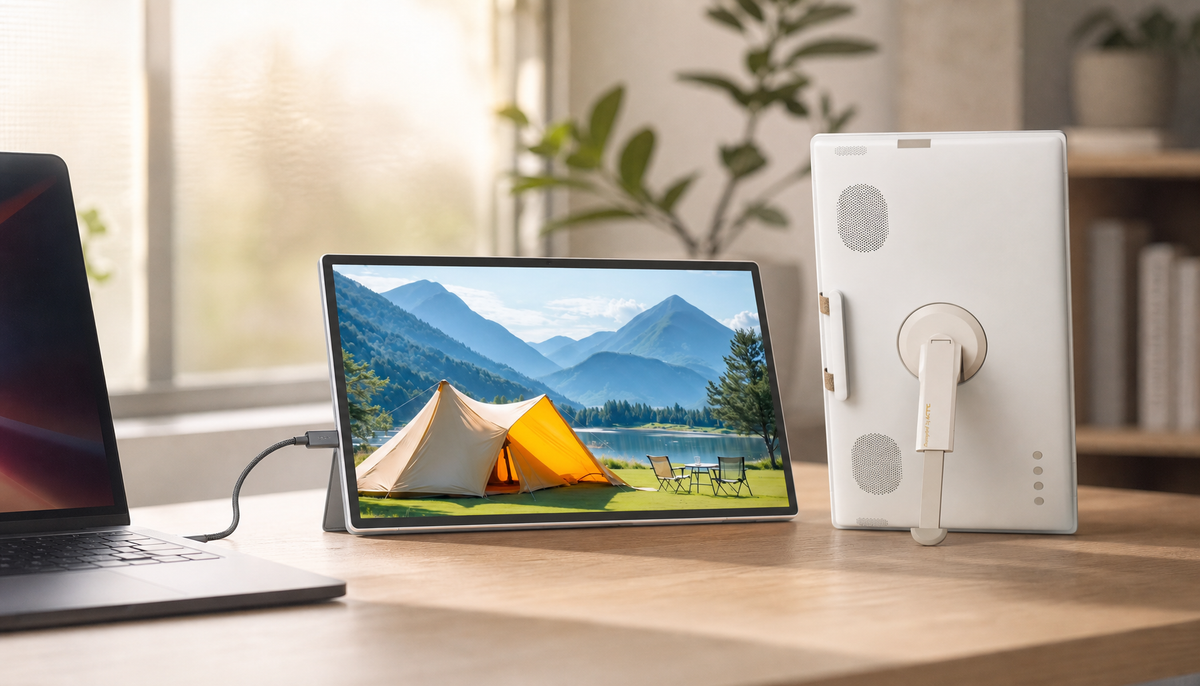 KTC portable touchscreen monitor on a desk connected with one USB-C cable in a clean home-office setup