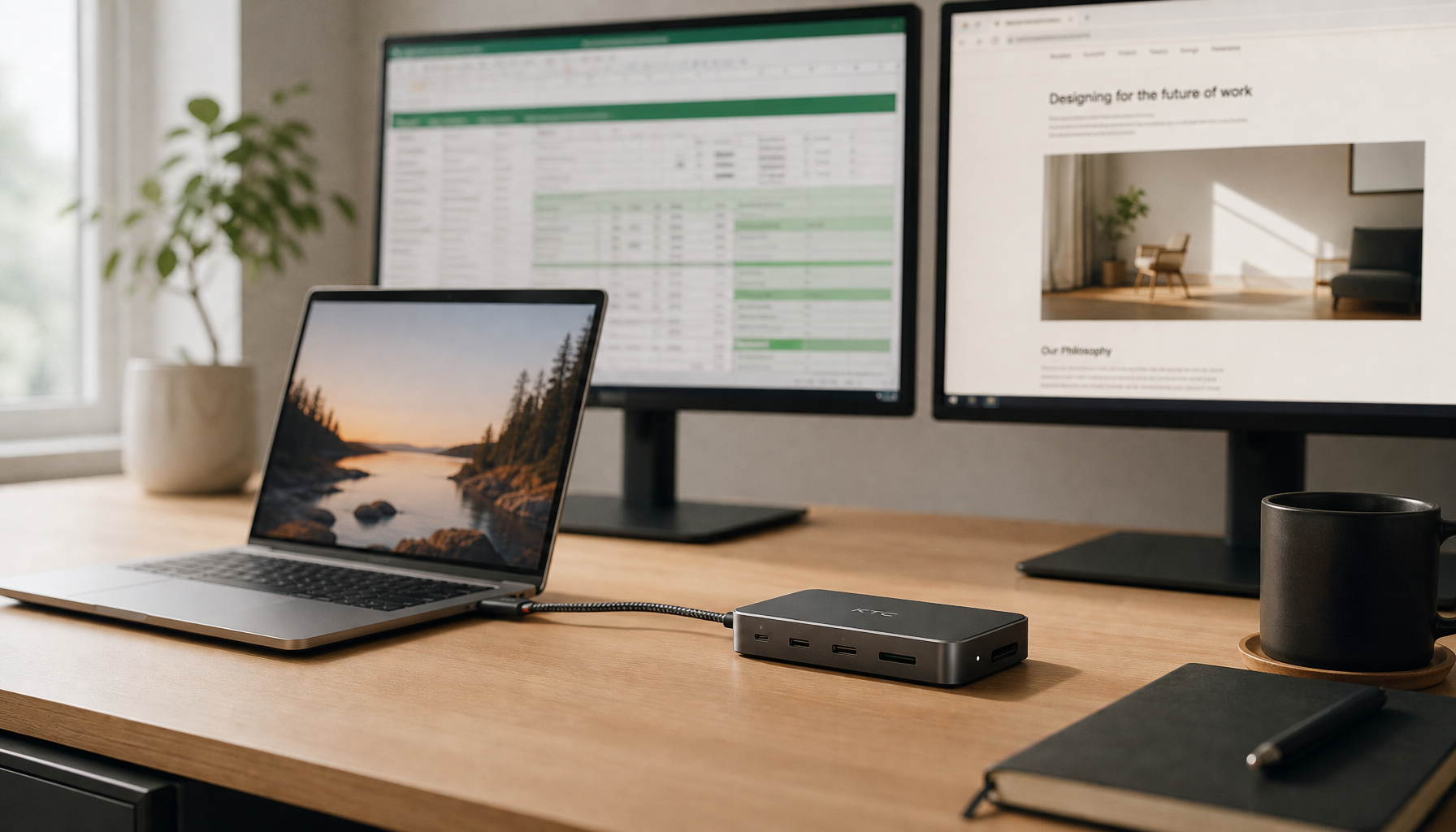Laptop connected to USB-C docking station powering two monitors on a clean office desk