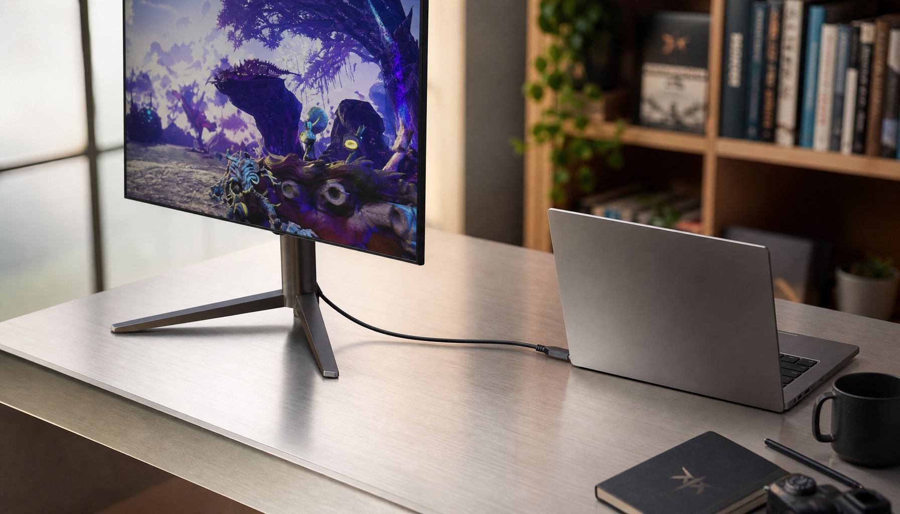 Laptop connected to a USB-C gaming monitor with a single cable on a clean desk setup