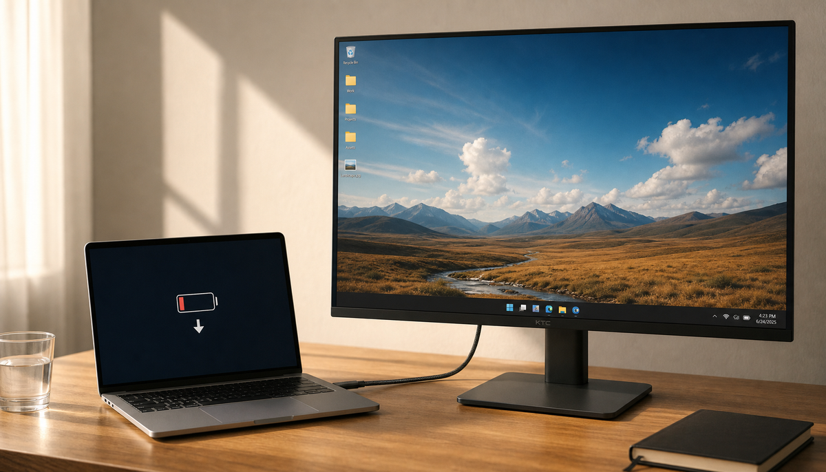 Laptop connected to a USB-C monitor showing the battery draining instead of charging despite an active display connection