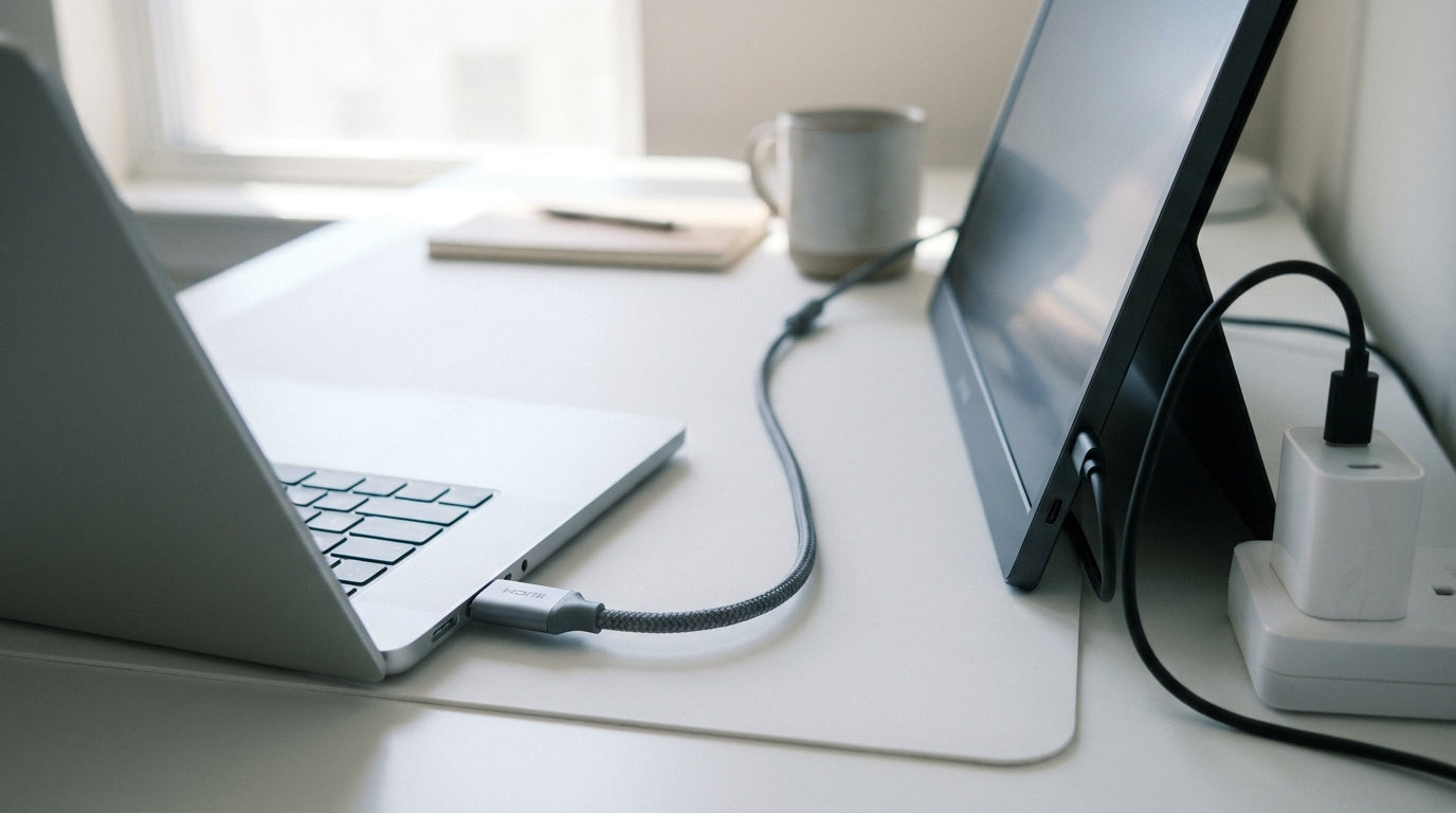 Laptop connected to a portable monitor using HDMI cable and separate USB power cable on a desk