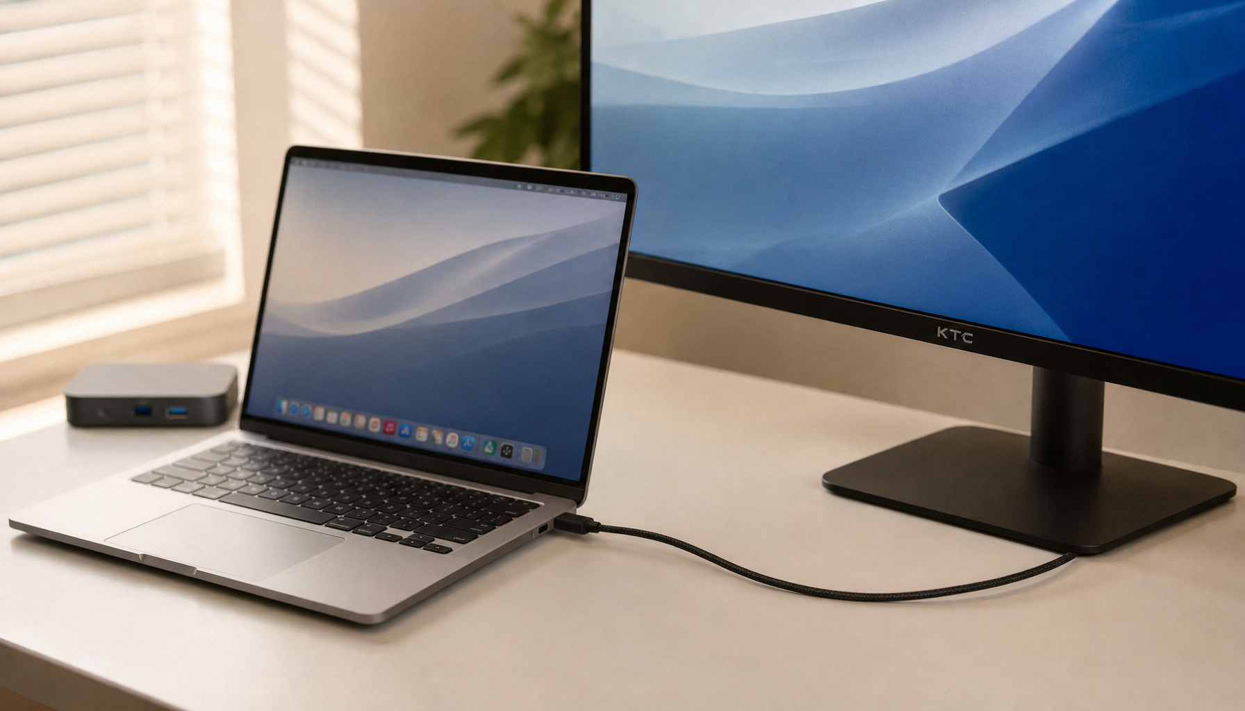 Laptop connected to external monitor via a single USB-C cable on a clean desk setup