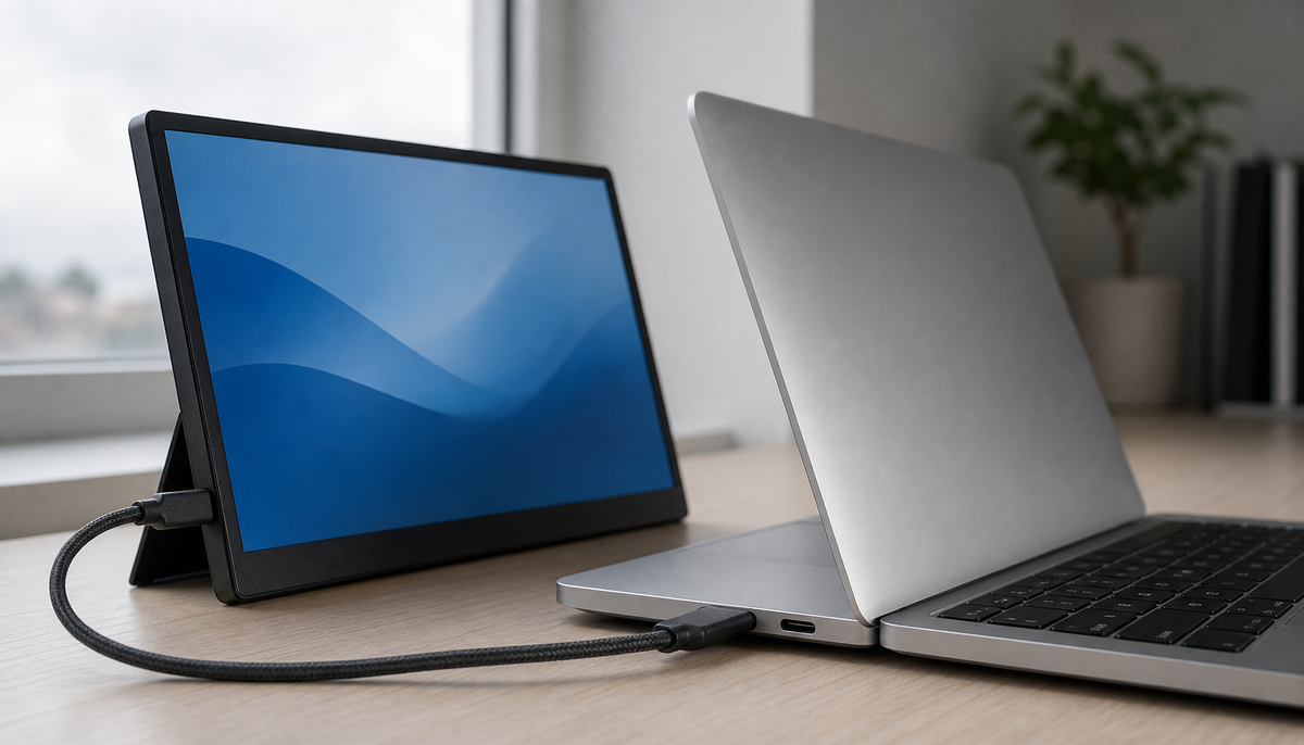 Laptop showing two USB-C ports where only one supports portable monitor video output via DP Alt Mode