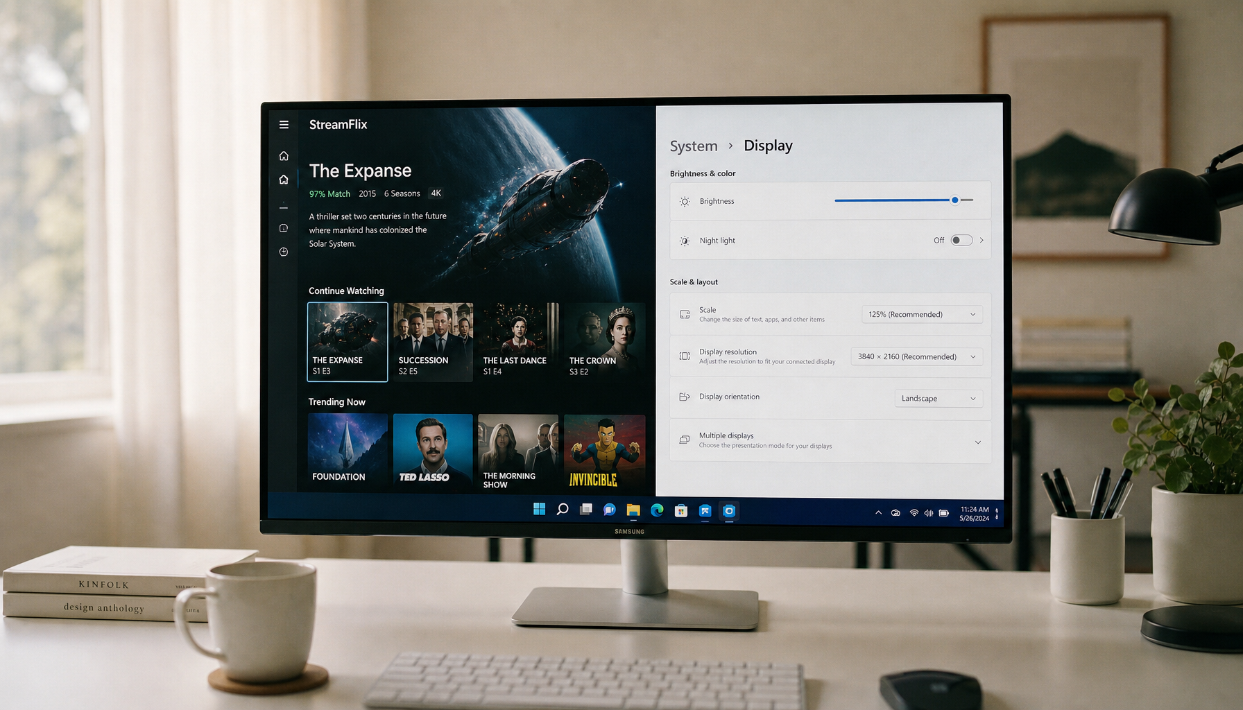 Large smart monitor on a desk showing a split view of a streaming app and Windows display settings, illustrating resolution and scaling mismatch