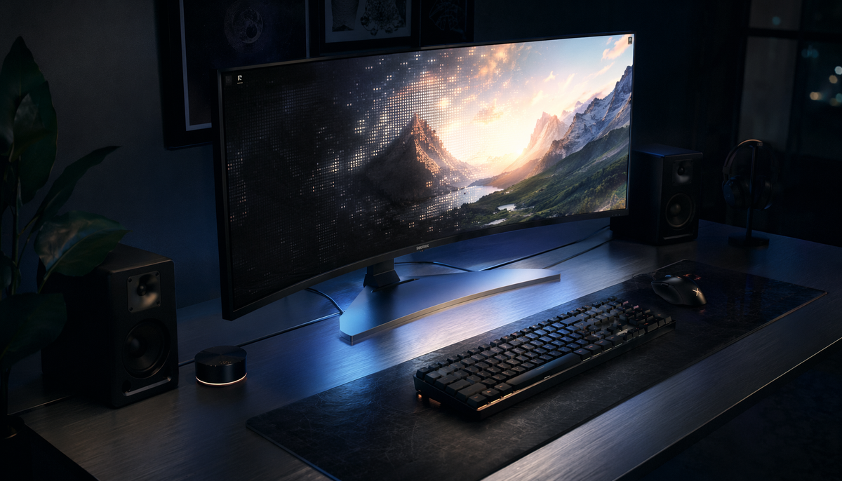 Mini LED gaming monitor powering on from sleep mode on a dark gaming desk, local dimming zones gradually activating across the screen