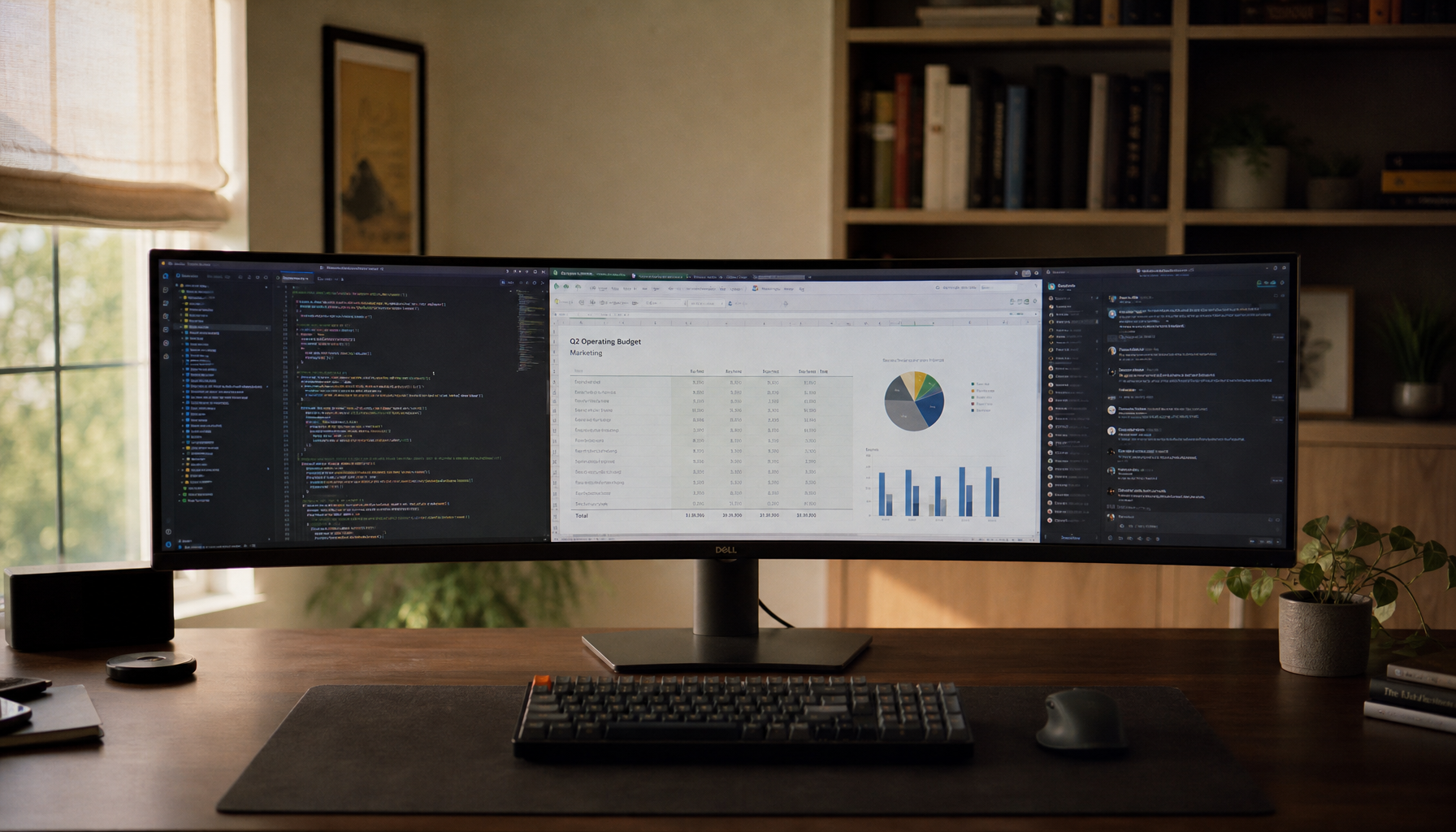 Modern home office desk centered around a super-ultrawide 32:9 curved monitor displaying a multi-panel productivity workspace