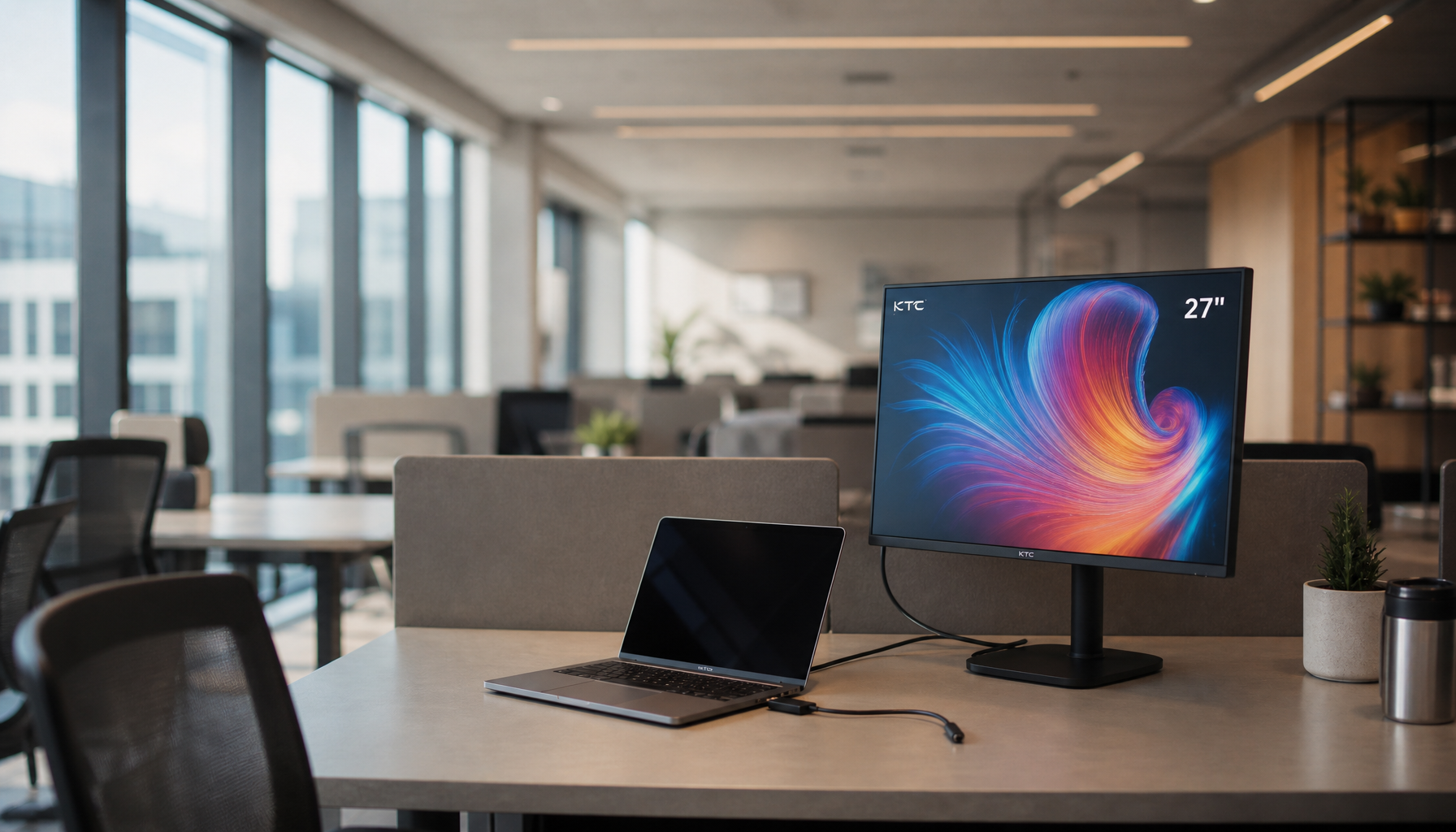 Modern open-plan office with a hot desk being set up for the day, laptop and USB-C cable laid out beside a monitor