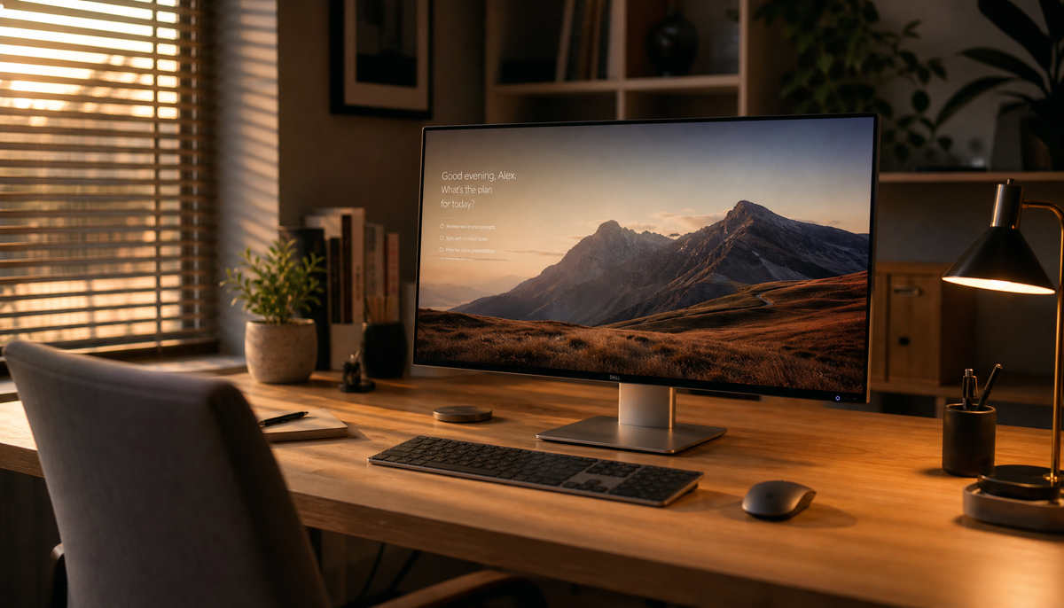 Monitor on a home office desk at dusk with ambient light sensor adjusting screen brightness as the room transitions from daylight to lamp light