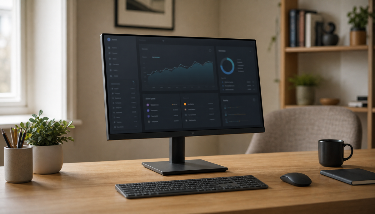 Monitor tilted at an ergonomic angle on a desk with soft side lighting to reduce screen glare