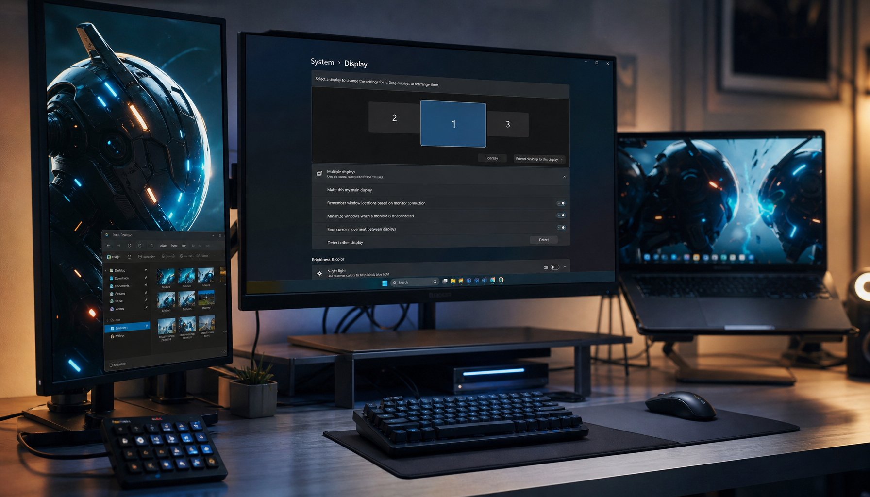 Multi-monitor desk setup with a gaming display set as the primary screen in Windows display settings