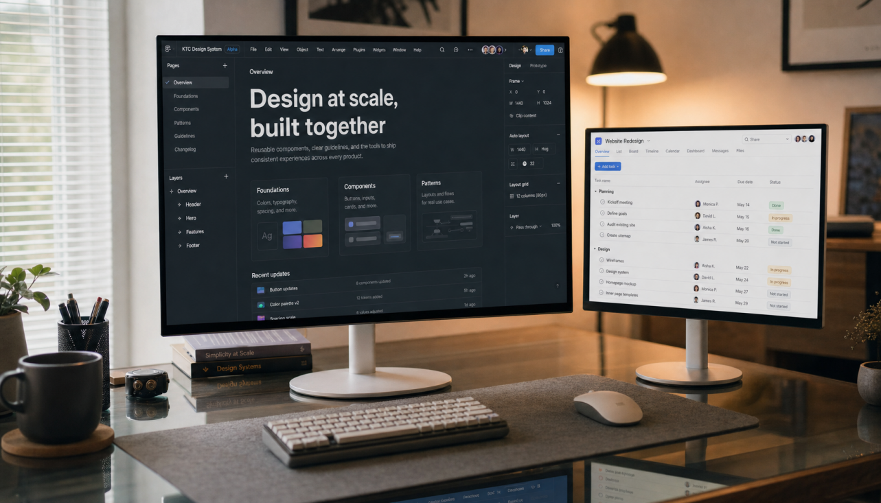 Multi-monitor home office desk with a 4K display and 1080p side screen showing different scale settings for sharp, readable text