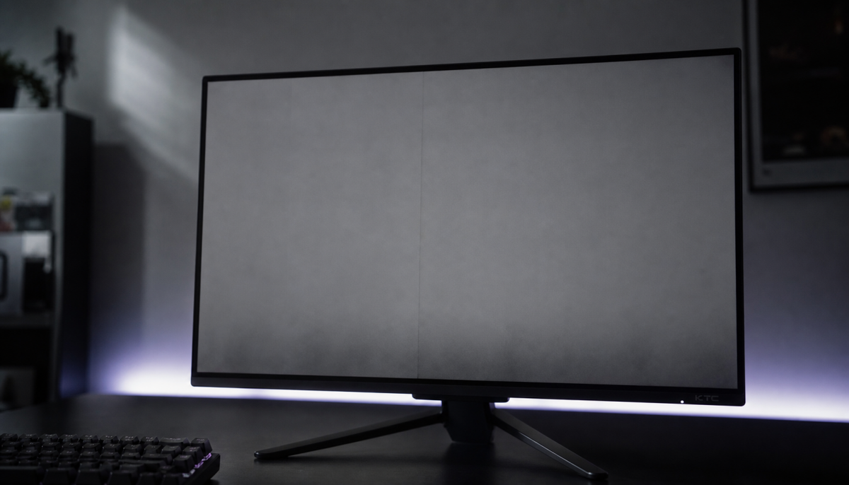 OLED gaming monitor showing early degradation signs on a gray test screen