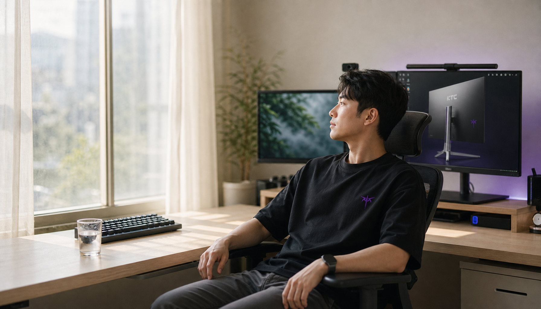 Office worker resting eyes by looking away from monitors toward a bright window during a screen break