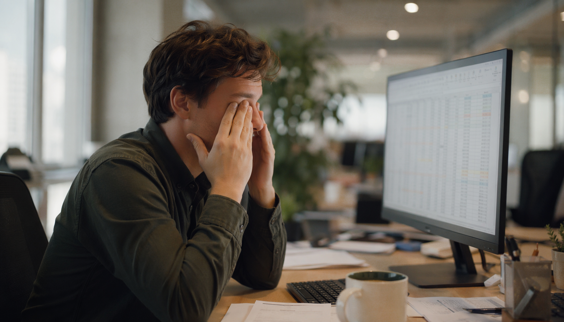 Office worker rubbing their eyes in front of a flicker-free monitor during a long workday