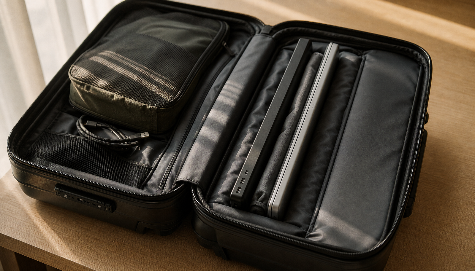 Open hardshell carry-on with a portable monitor and laptop packed side by side in the padded compartment, separated by a microfiber cloth