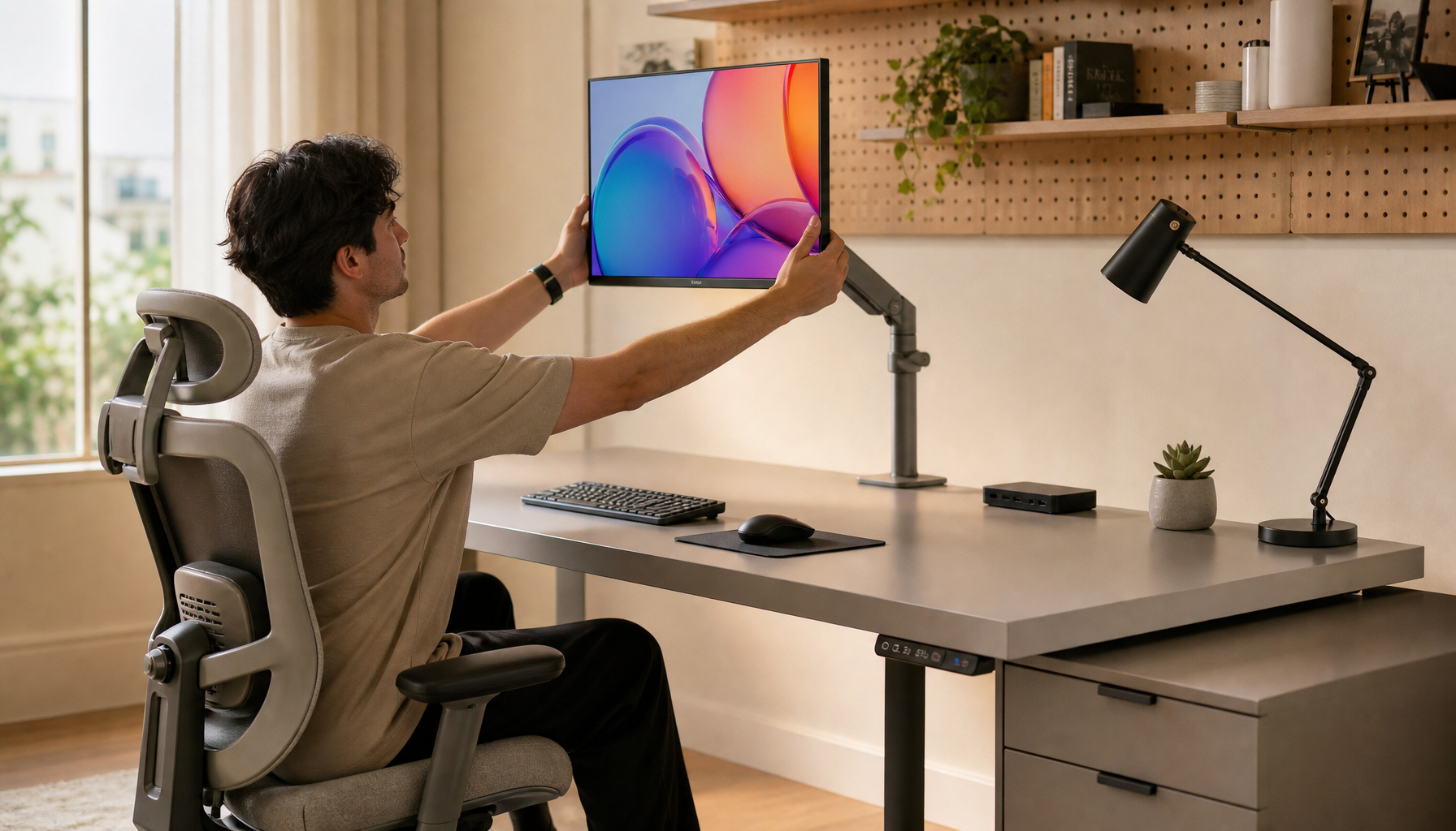 Person adjusting monitor height and chair position at a home office desk for neutral spine alignment