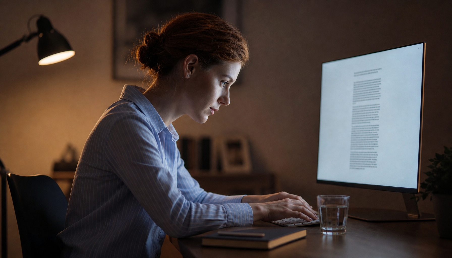 Person at a desk late in the evening working on a monitor, illustrating how prolonged screen use can reveal flicker sensitivity over time