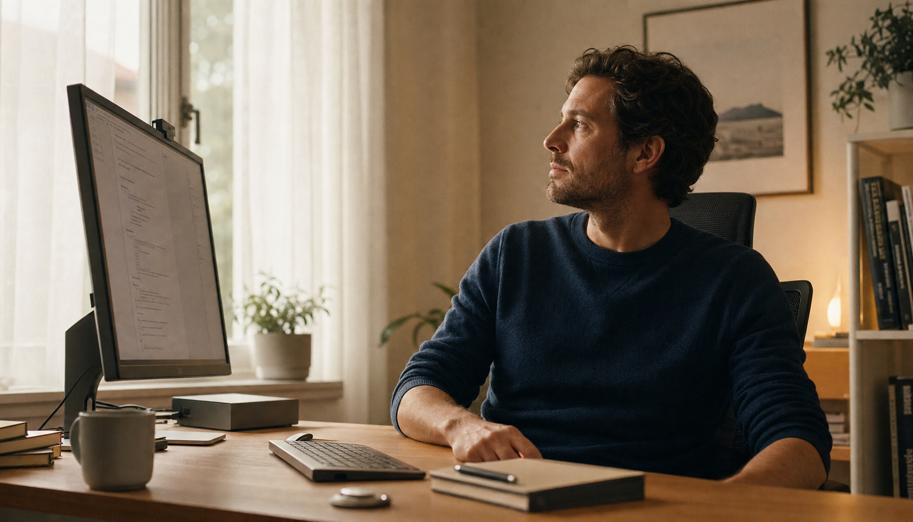 Person at a home office desk looking away from the monitor during a short eye break
