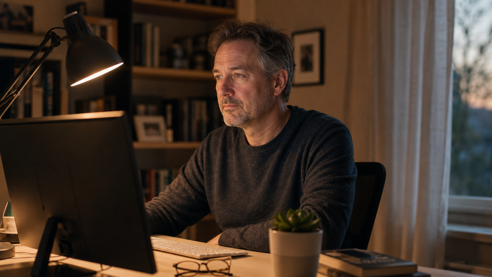 Person in their 50s at a home office desk in the evening, viewing a monitor set to a warm color profile to reduce blue light exposure