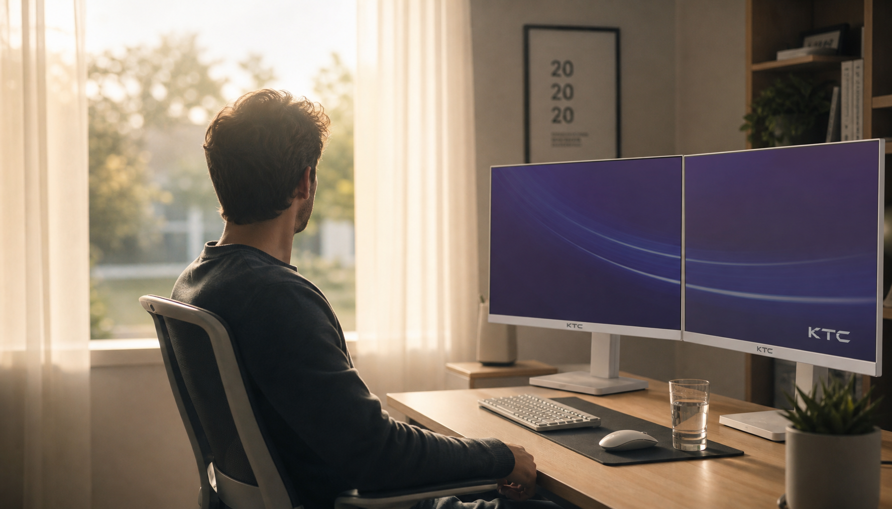Person looking away from dual monitors toward a bright window, representing a real eye break from screen work