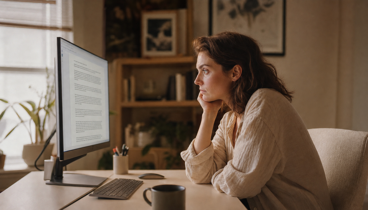 Person reading text on a monitor in a softly lit home office, illustrating reduced blink rate during screen reading