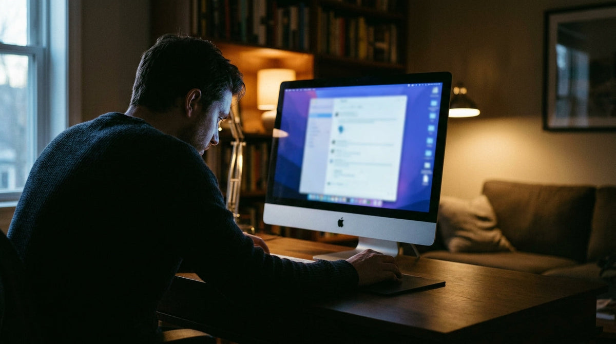 Person returning indoors from bright sunlight sitting at a desk with a KTC gaming monitor that appears unexpectedly bright in a dim room