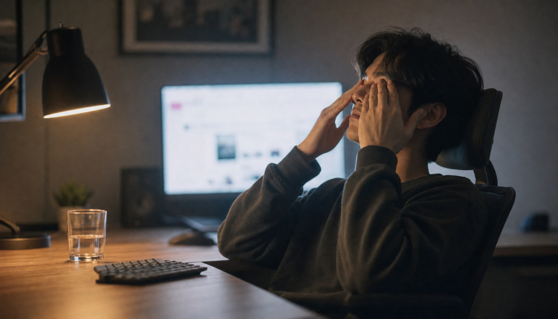 Person rubbing their eyes while taking a break from a glowing computer monitor