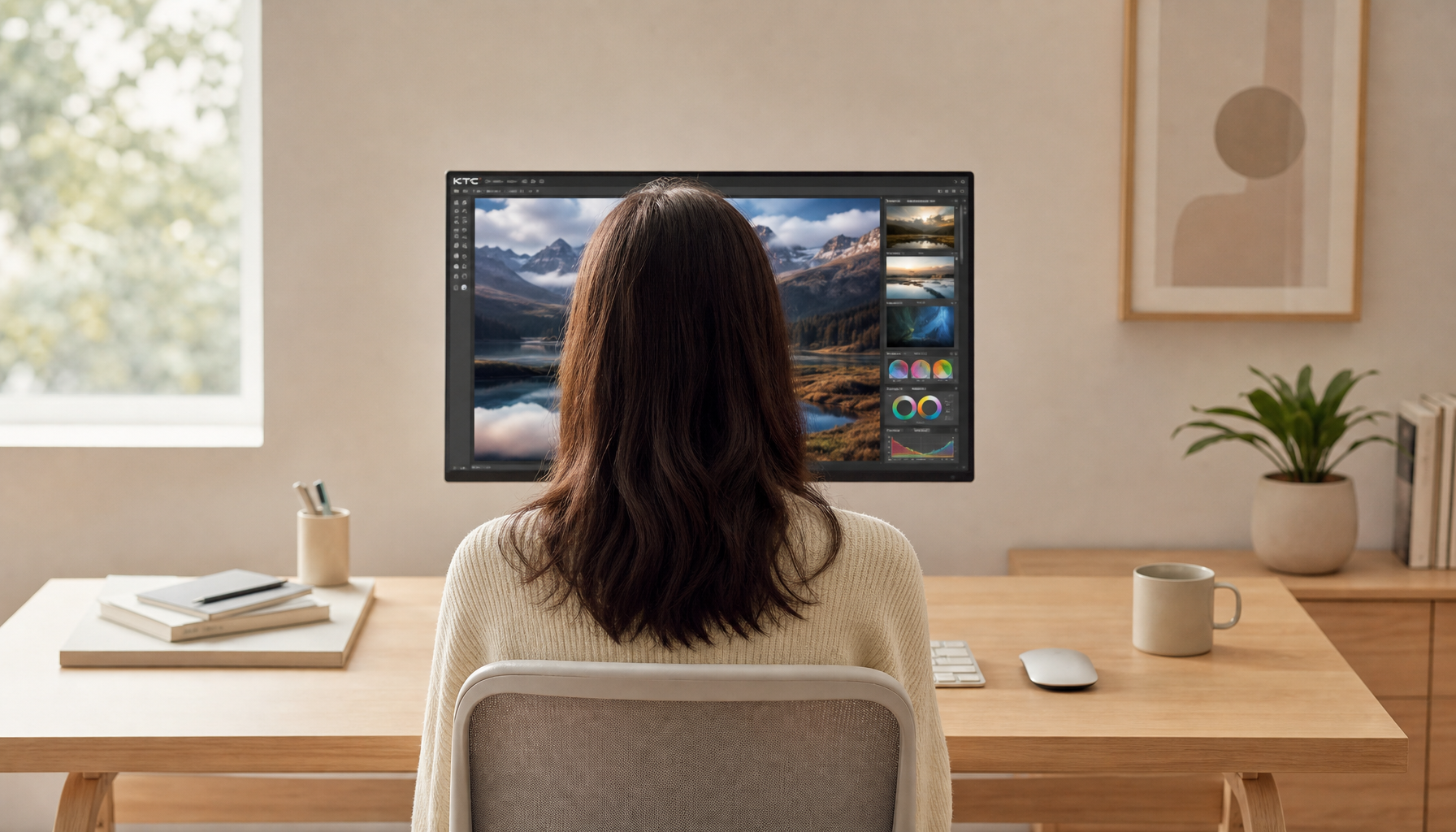 Person sitting at a home office desk with a single monitor centered in front of them, maintaining a neutral neck posture