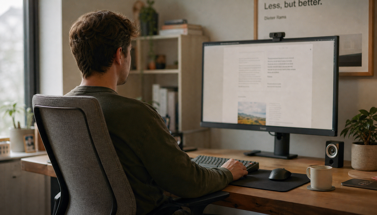 Person sitting at a well-positioned monitor with good posture to prevent neck strain and screen headaches