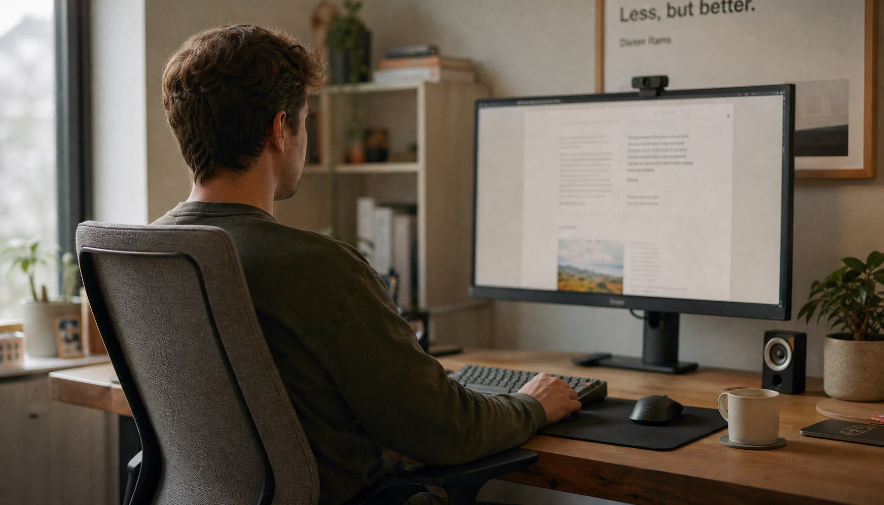 Person sitting at a well-positioned monitor with good posture to prevent neck strain and screen headaches