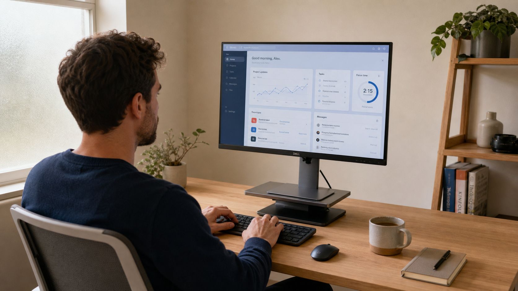 Person sitting at a well-positioned office desk with a monitor at comfortable eye-level height