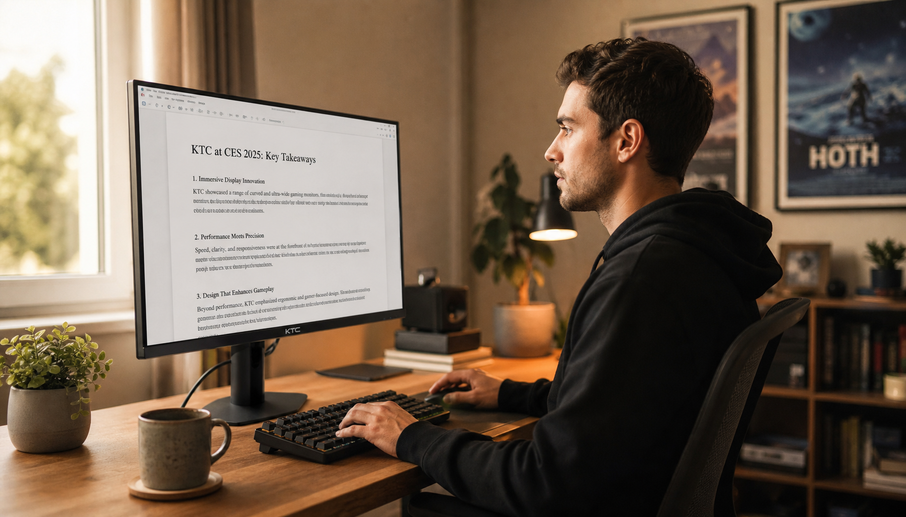 Person sitting at an ergonomically positioned monitor with soft natural lighting to reduce screen fatigue