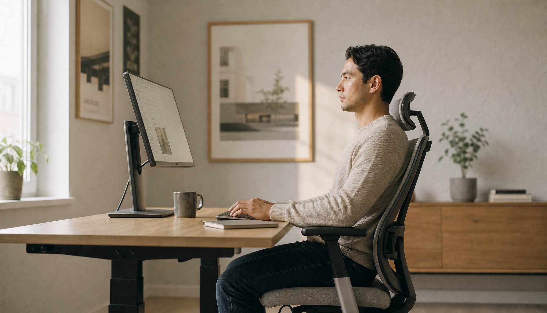 Person sitting upright at a desk with a monitor adjusted to the correct height and slight backward tilt to support relaxed, upright posture