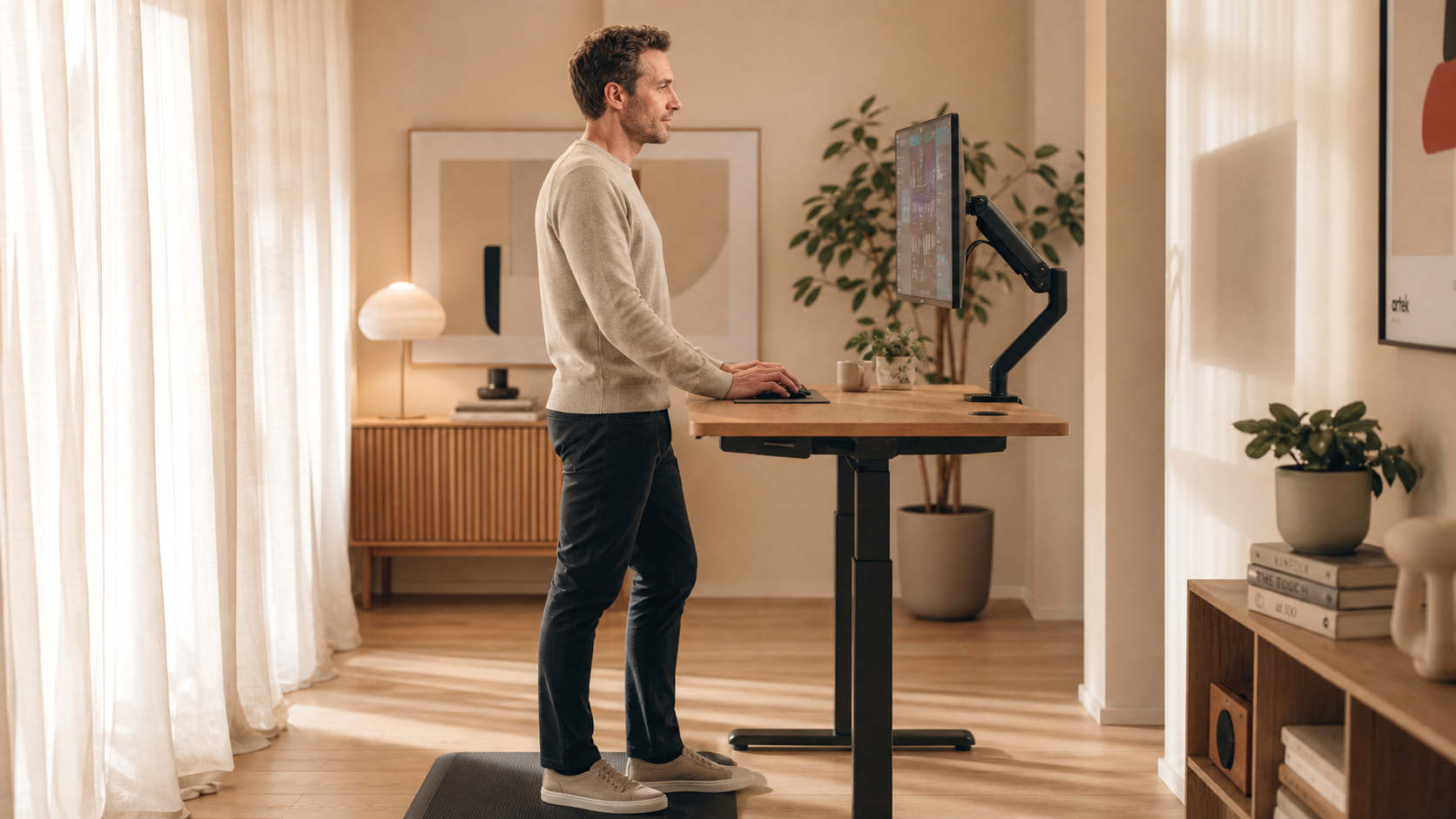 Person standing at a height-adjustable desk with monitor at eye level, demonstrating proper ergonomic posture