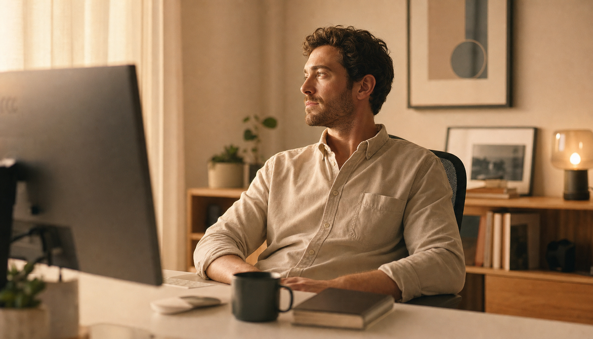 Person taking a screen break by looking away from their monitor toward a bright window across the room
