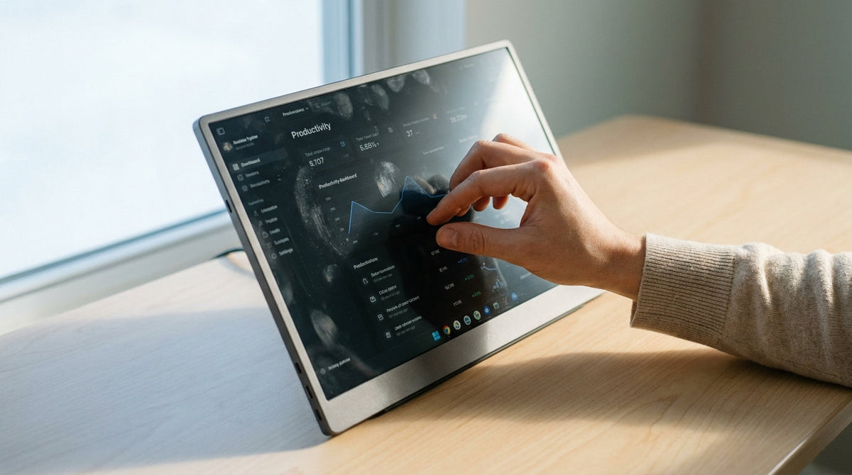 Person using capacitive touch gestures on a portable monitor at a desk