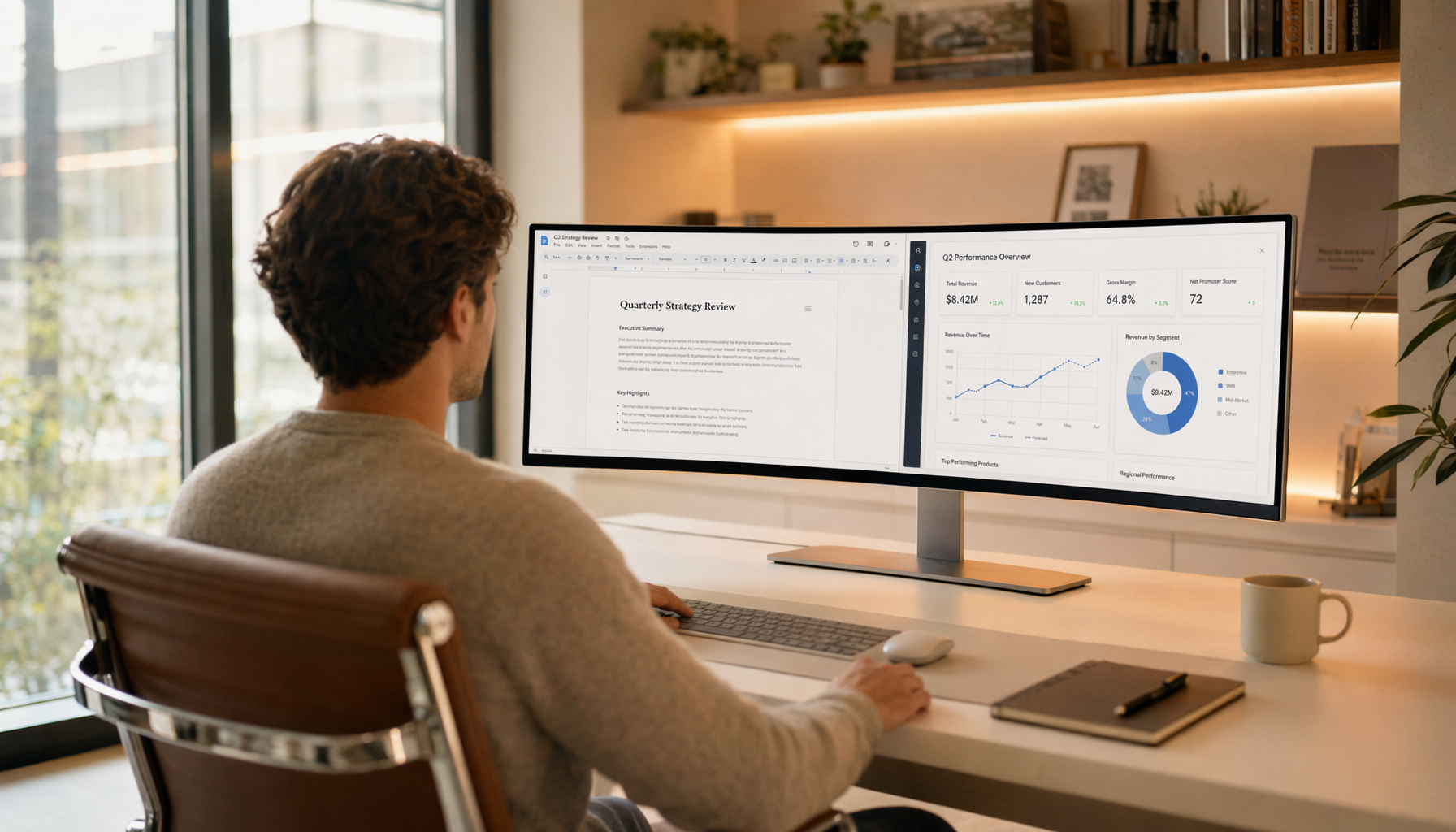 Person working comfortably at a desk with a large curved ultrawide monitor, proper posture and ergonomic setup in a bright home office