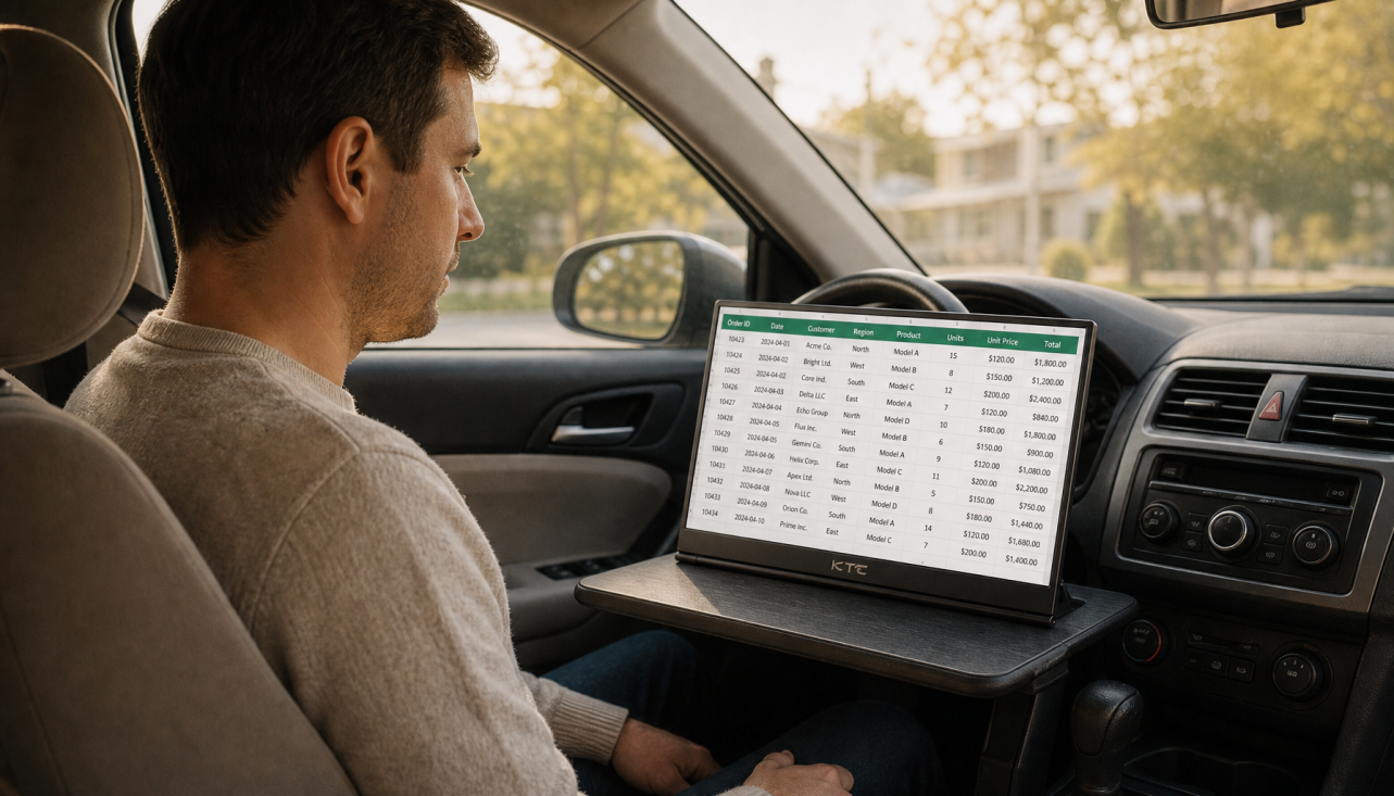 Person working on a portable monitor in a parked car with the screen tilted to the correct below-eye-level viewing angle