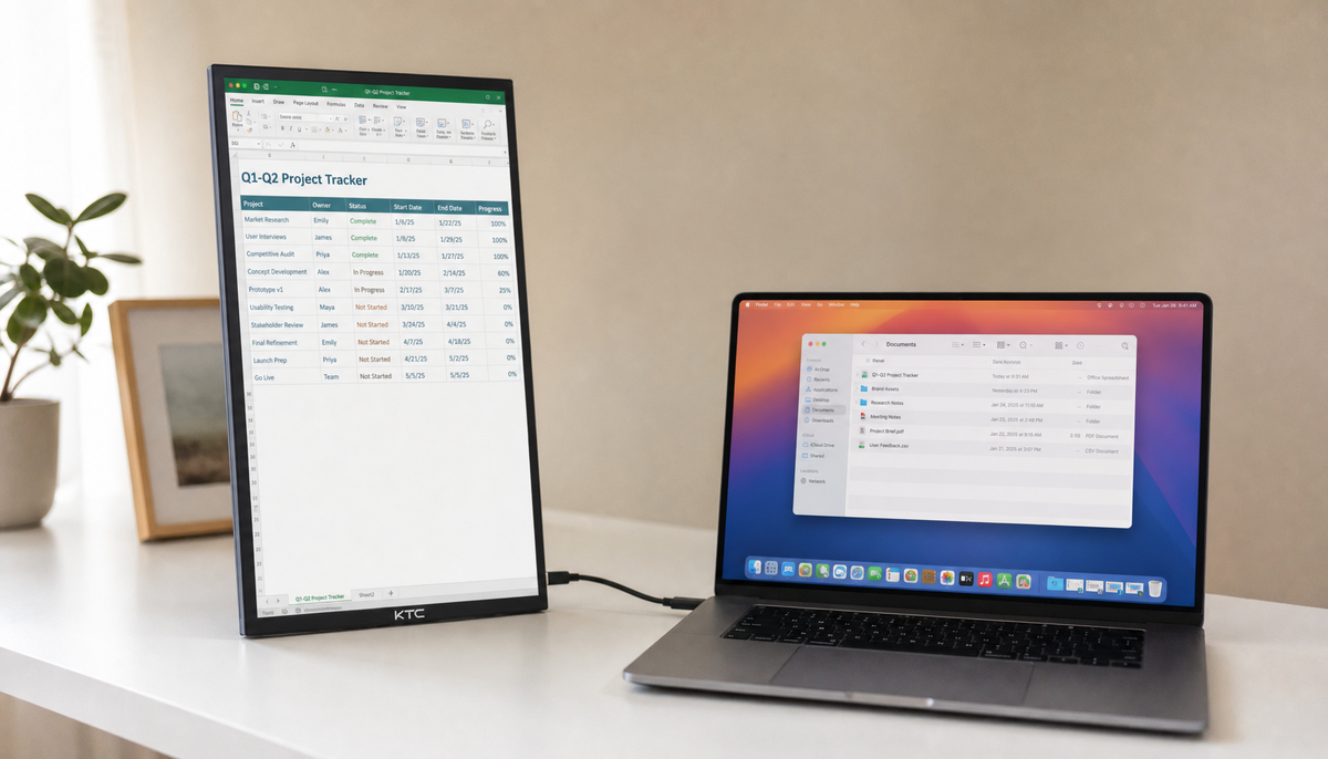 Portable monitor and laptop connected by a single USB-C cable on a clean minimal desk, no separate power adapter