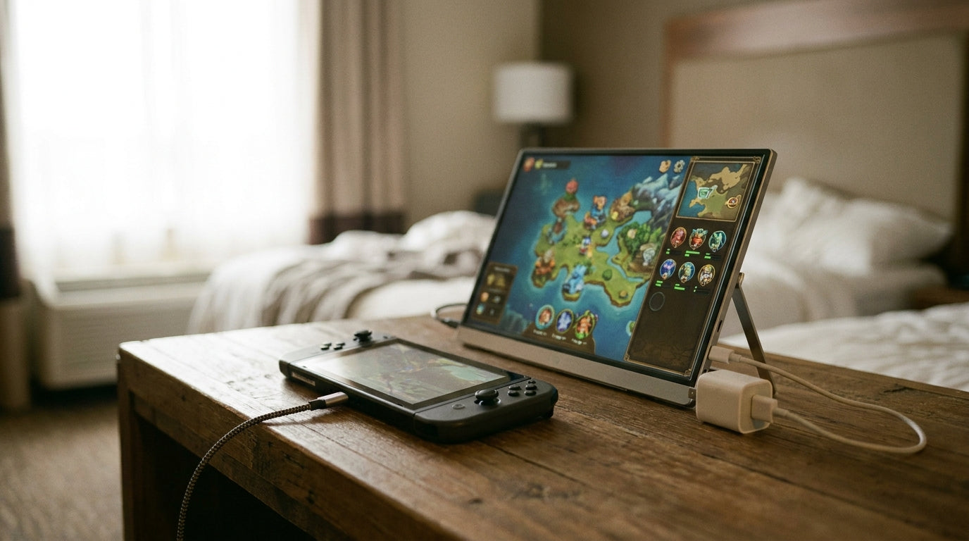 Portable monitor connected to a handheld gaming console in tabletop mode on a hotel desk