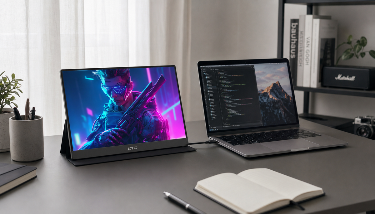 Portable monitor connected to a laptop via USB-C cable on a clean desk