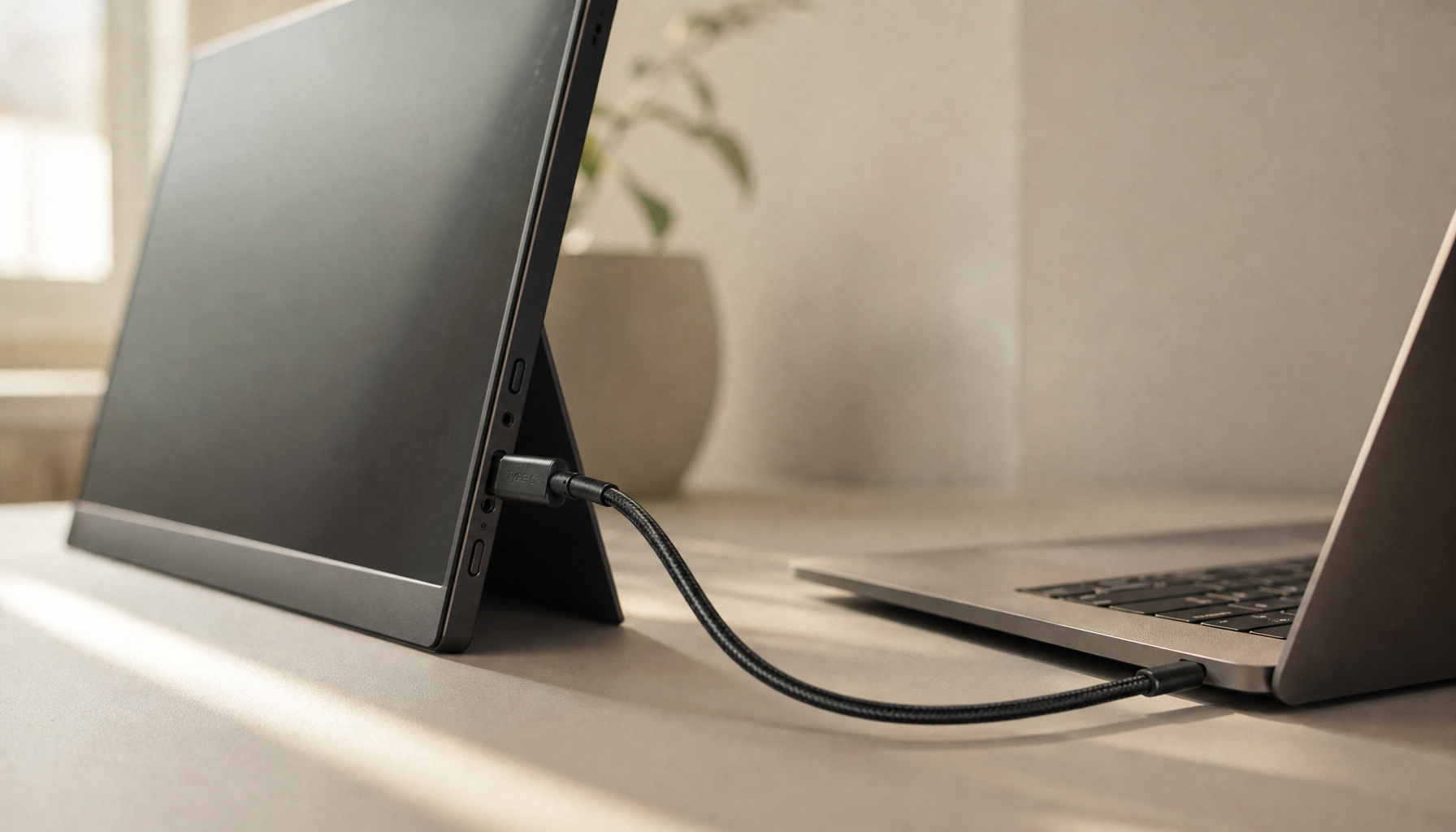 Portable monitor connected to a laptop via a single USB-C cable on a clean desk