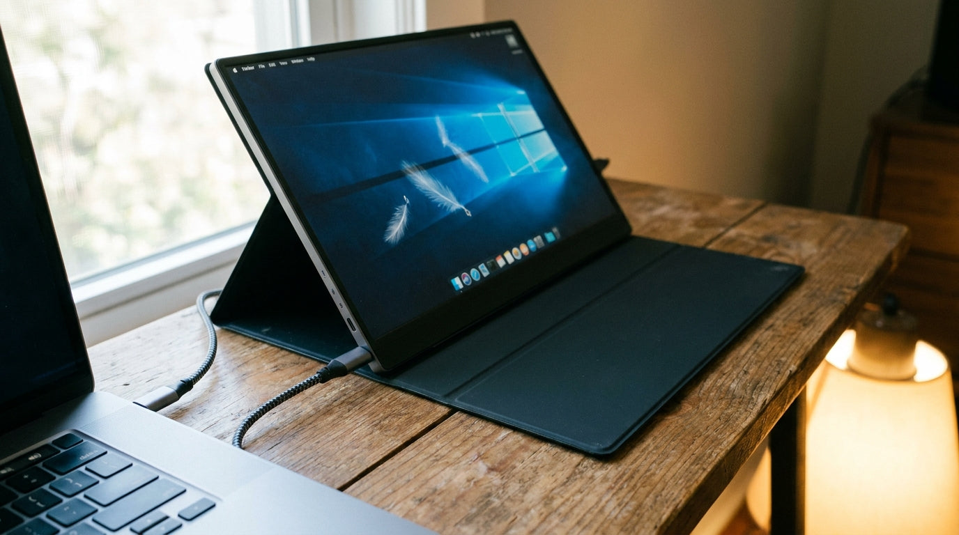Portable monitor connected to a laptop via a single USB-C cable on a clean desk workspace