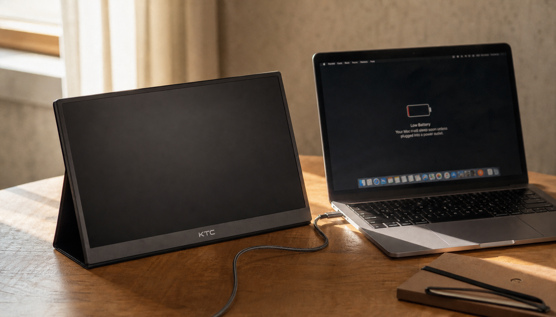 Portable monitor connected to a laptop via single USB-C cable with laptop battery draining instead of charging
