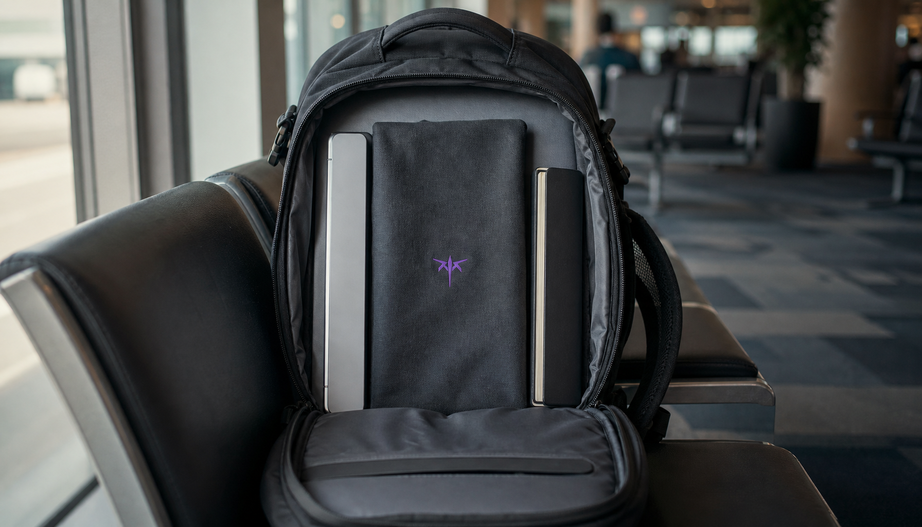 Portable monitor packed securely between a laptop and rigid board inside a carry-on backpack at an airport terminal