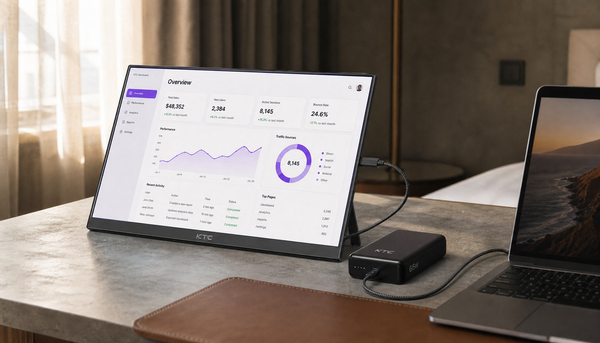Portable monitor powered by a USB-C PD power bank on a hotel desk travel setup
