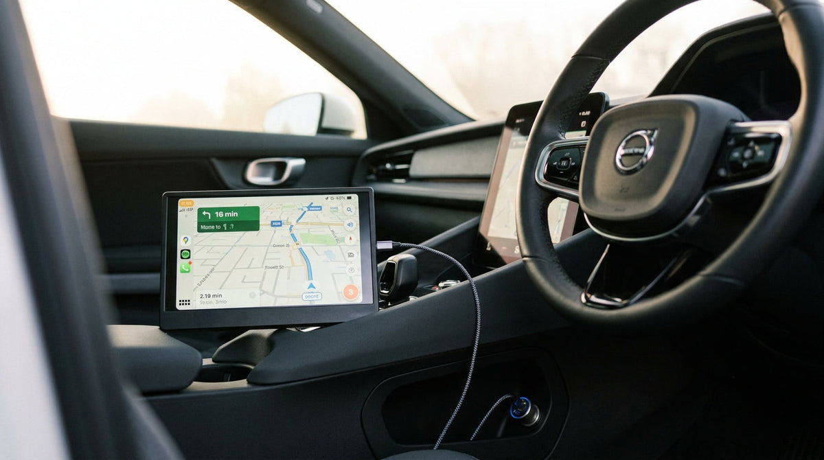 Portable monitor powered via USB-C in a car, showing a map on screen during a road trip